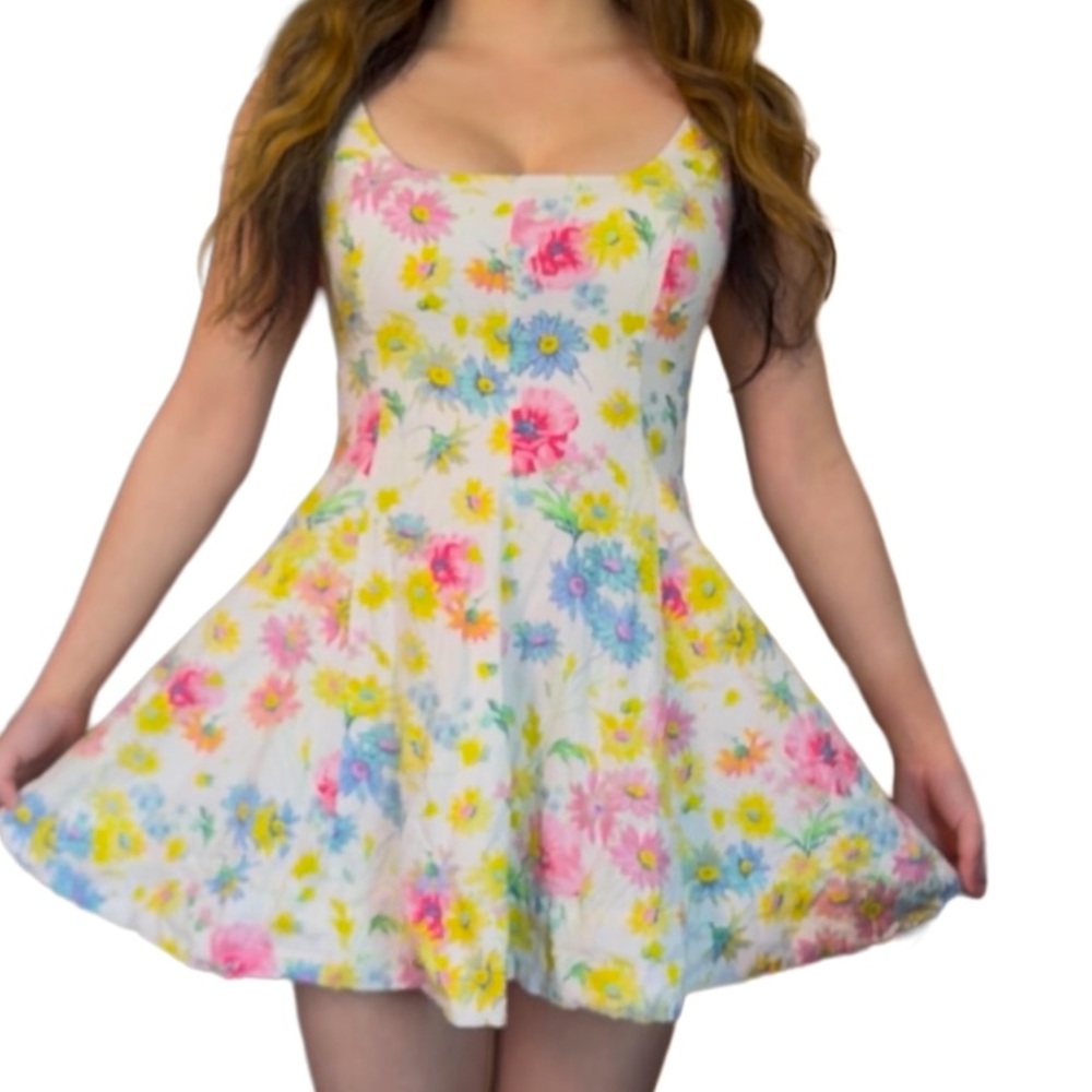 Watercolor Floral Linen Sundress A-Line Square Neck